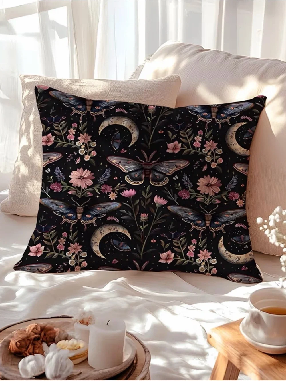 Dark Academia Gothic Moth Moon Floral Throw Pillow Cover 16x16 Celestial Dream
